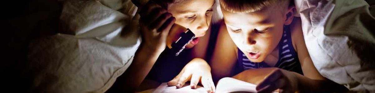 Dos nens llegint al llit a les fosques amb una llanterna